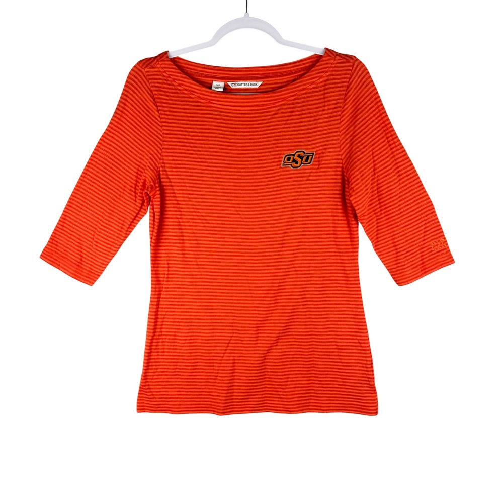Cutter & Buck Women Small Top Orange OSU Oklahoma State Cowboys Striped Shirt